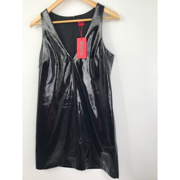 HUGO Kadice Faux Leather Effect A-Line V-Neck Dress Black Size 4 NEW - Picture 6 of 11